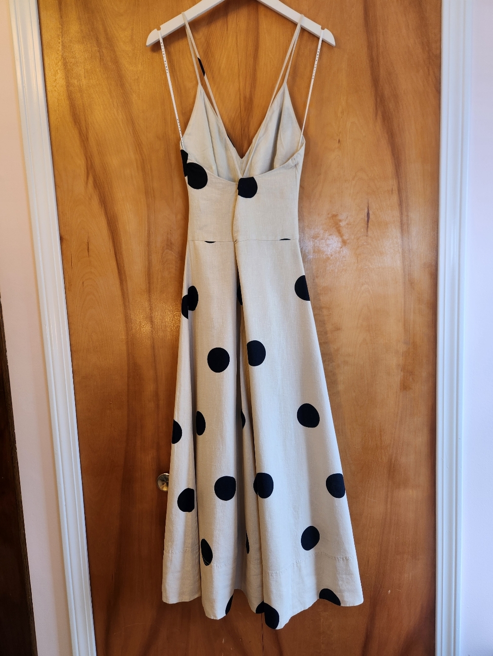 Tanya Taylor Women's Midi Meredith Dress, Tan/Black Polka Dot Linen Size 10 $565 - Picture 6 of 14